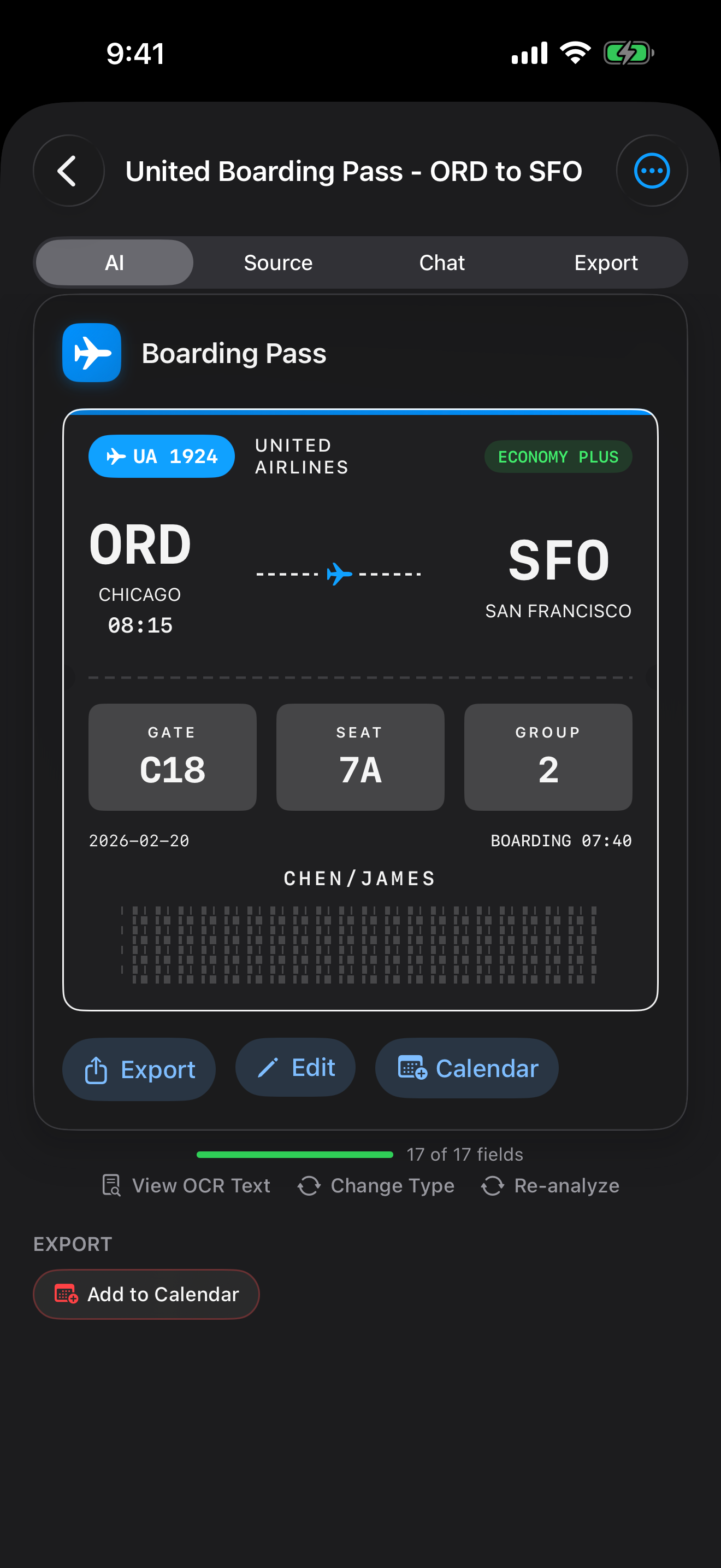 Boarding Pass Data Card — flight number, gate, time, seat extracted with calendar sync