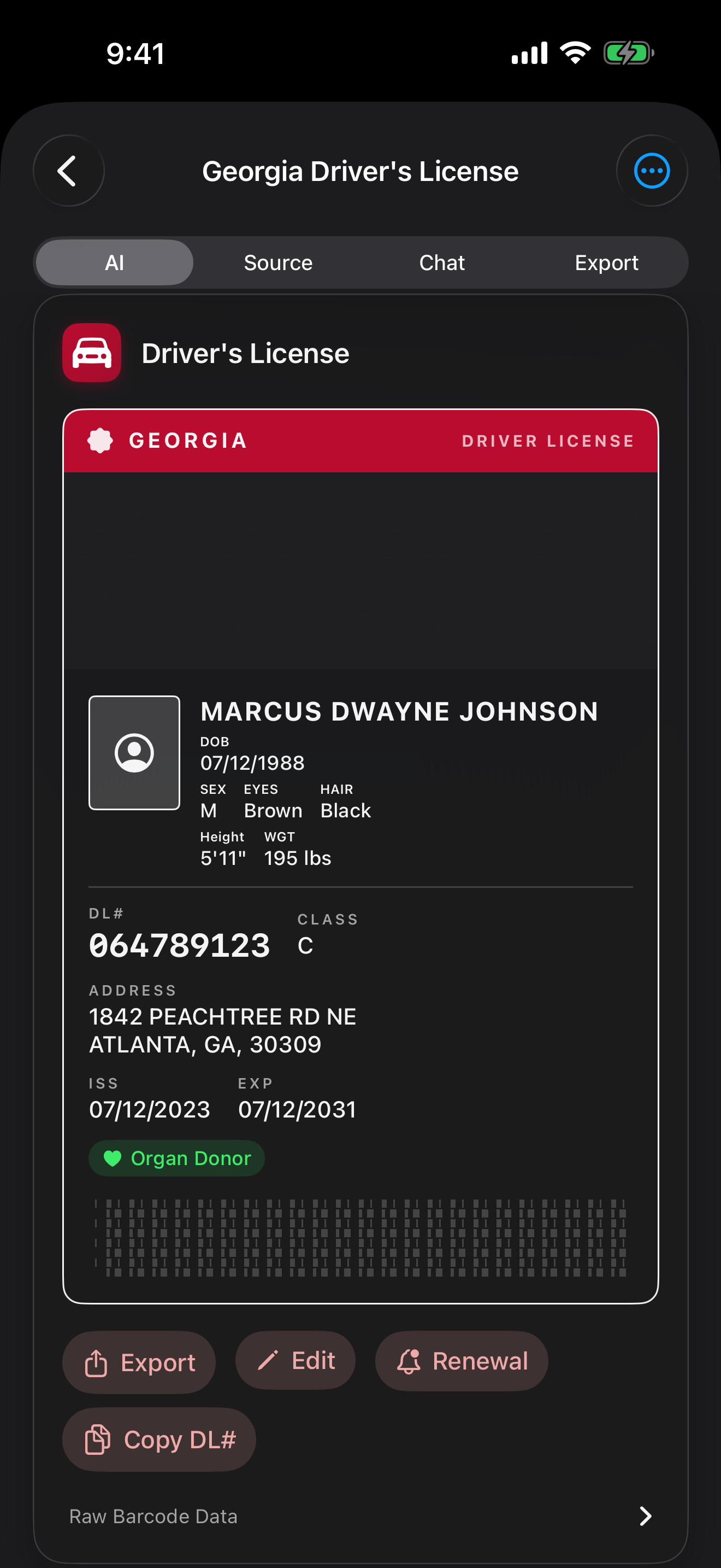 Driver's License Data Card — name, DL number, expiration extracted