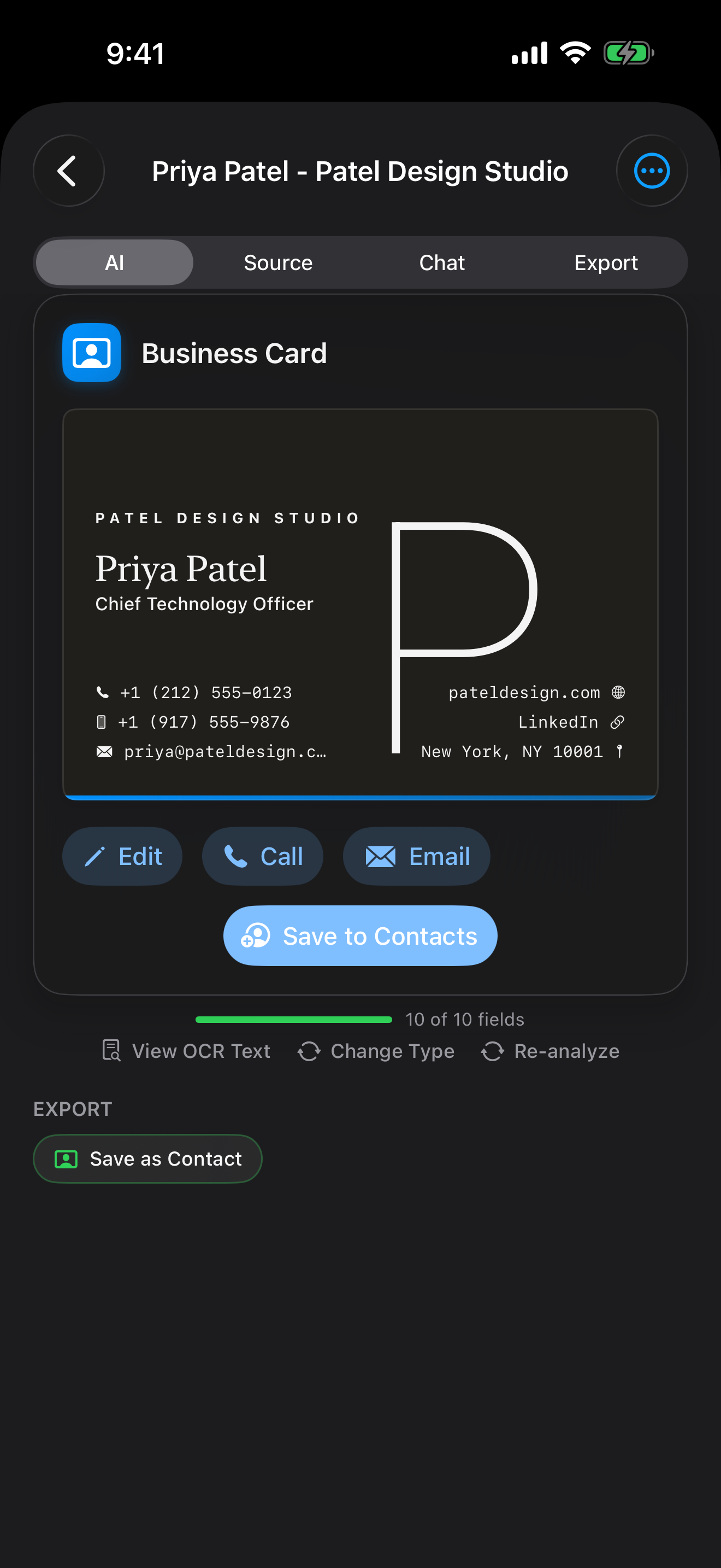 Business Card Data Card — name, title, phone, email extracted