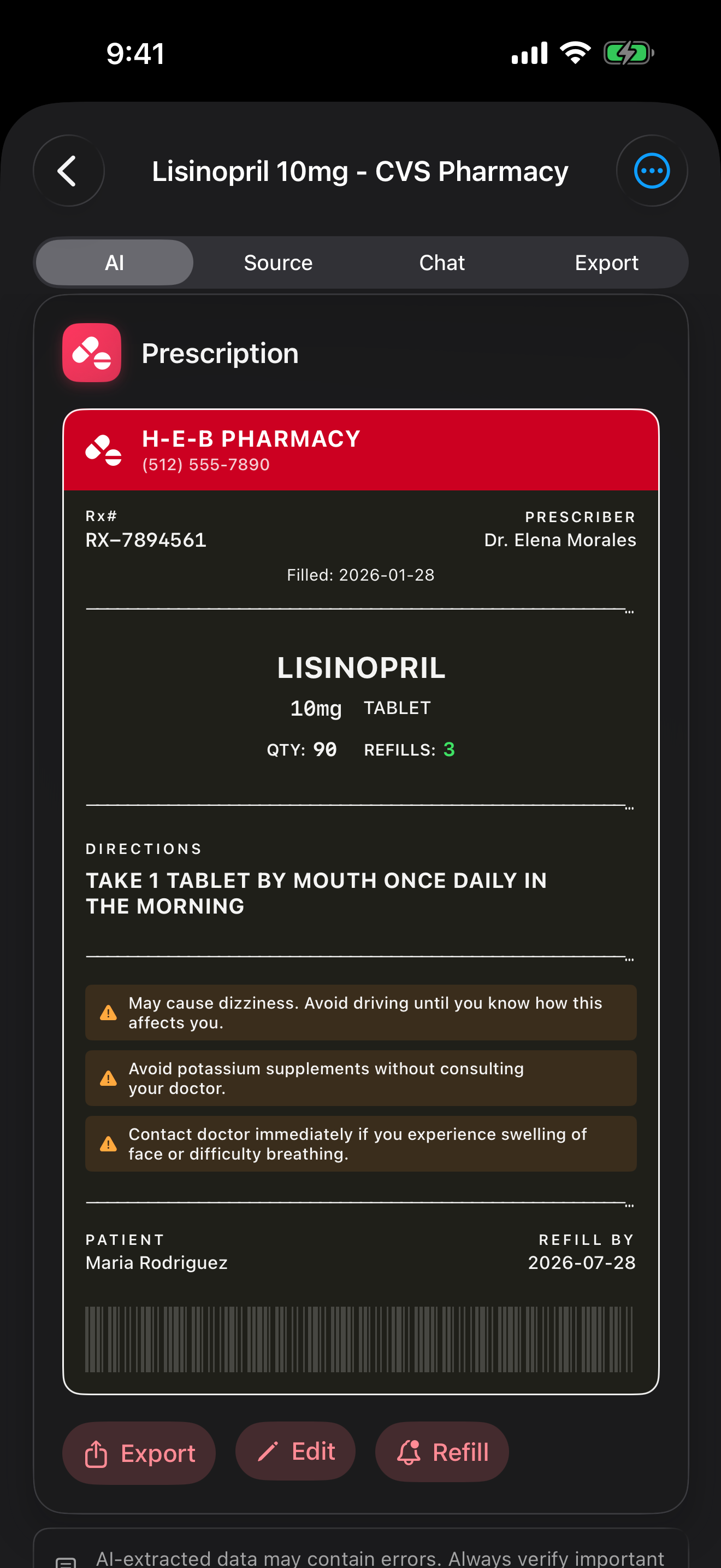 Prescription Label Data Card — drug name, dosage, refills, interaction warnings