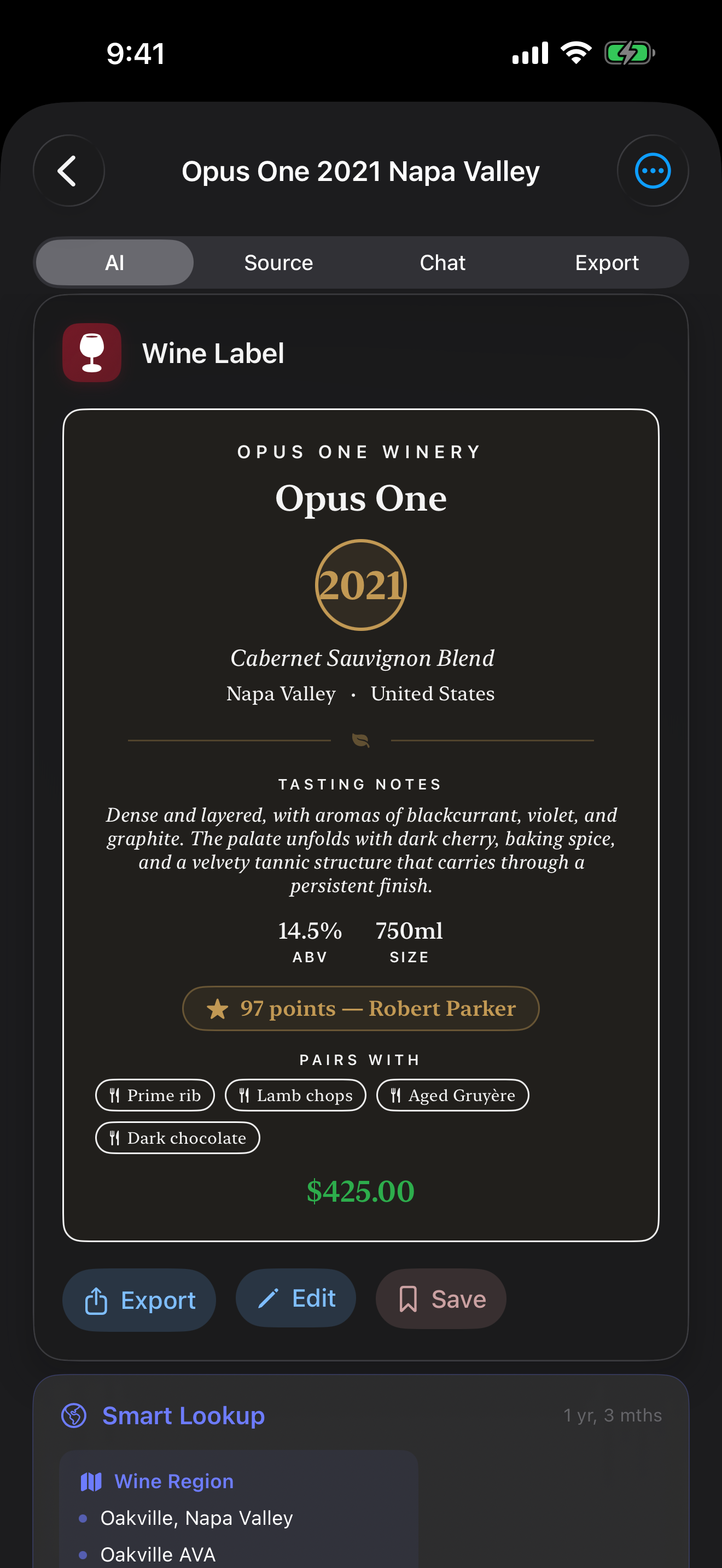 Wine Label Data Card — producer, vintage, varietal, region extracted