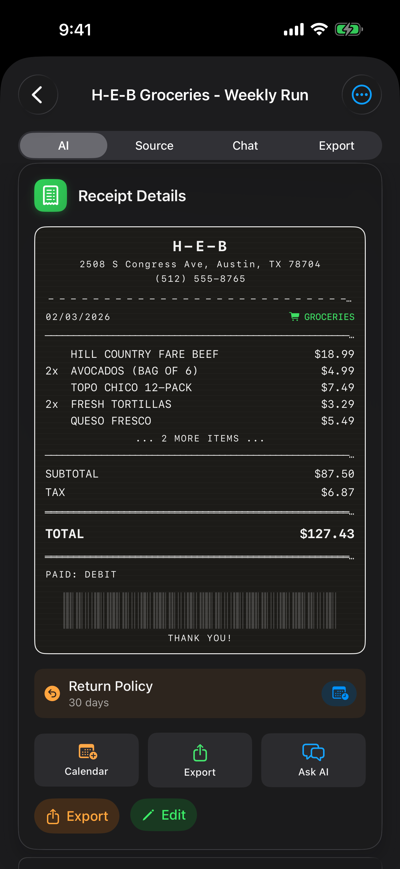 OneScribe Data Card — H-E-B receipt extracted into vendor, total, line items, warranty, and category
