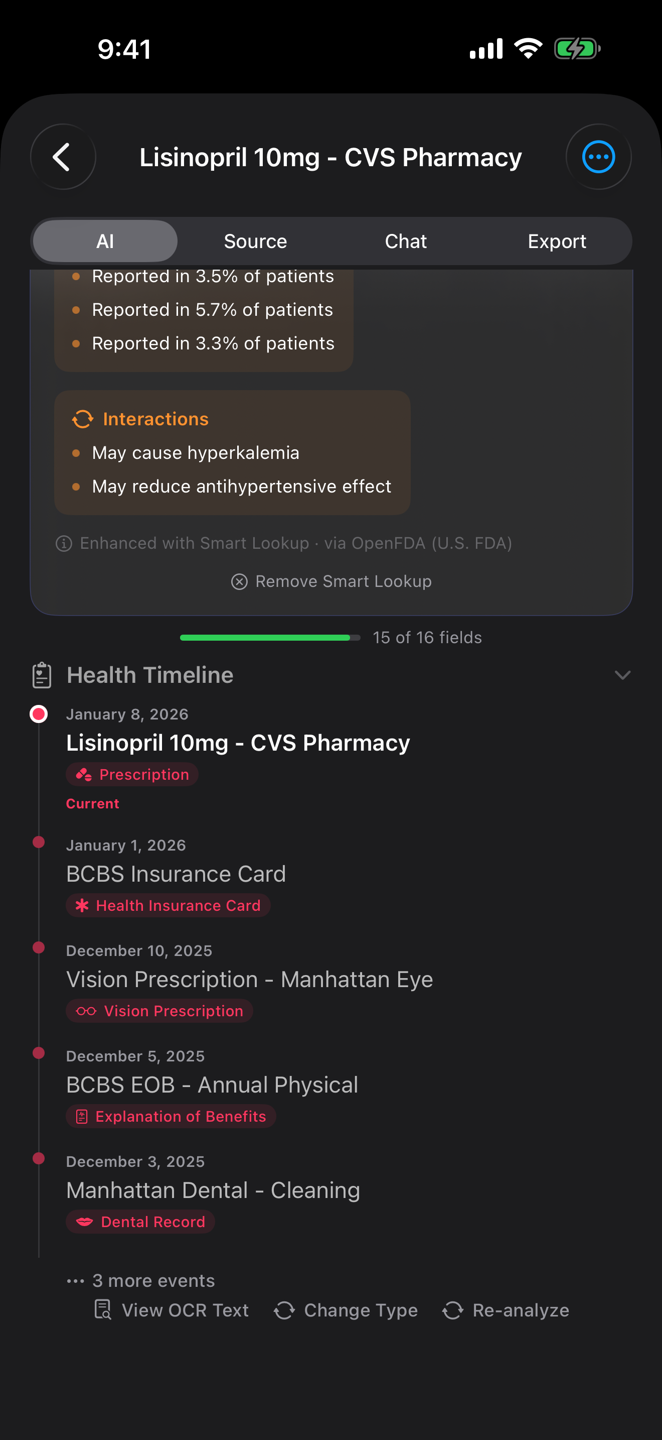 Health Timeline — prescriptions, lab results, insurance cards arranged chronologically