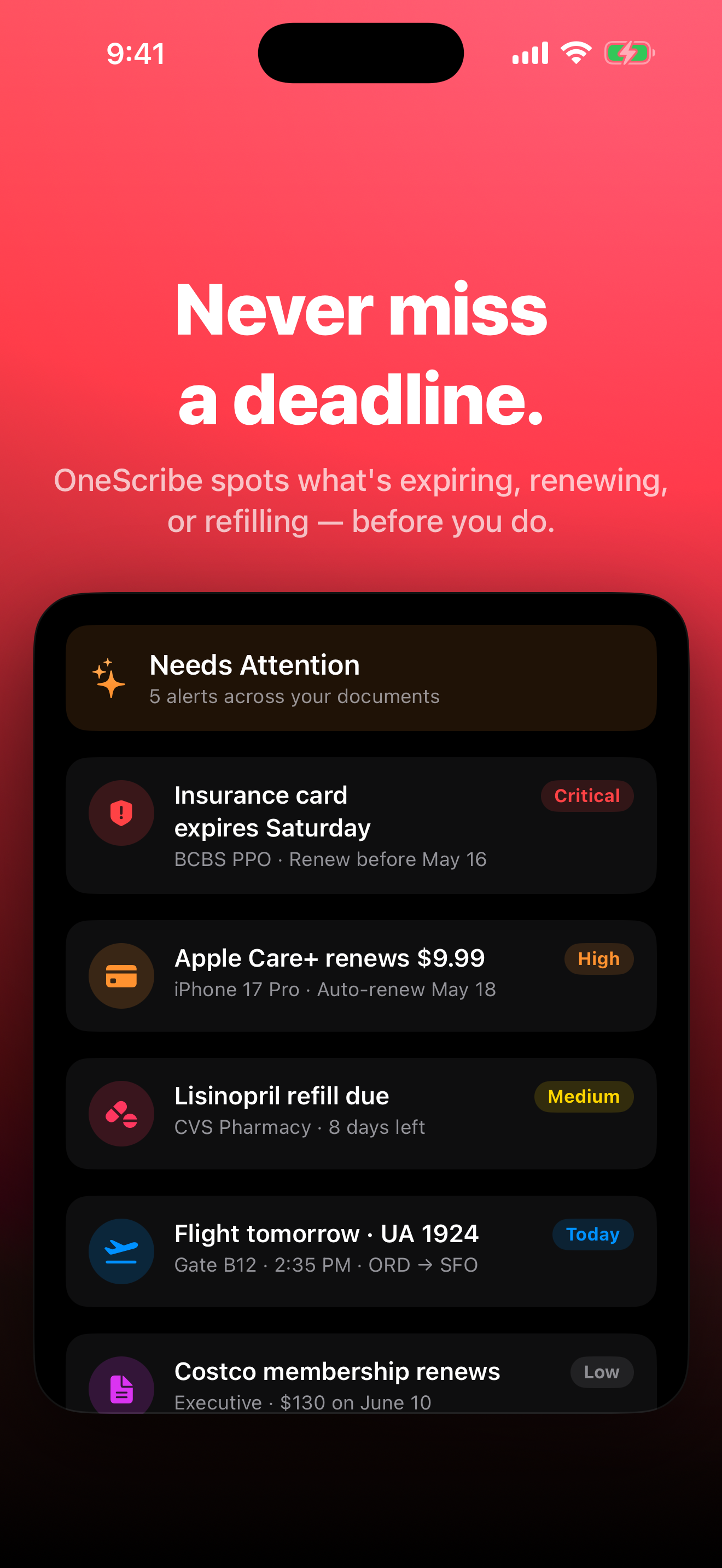 Proactive Alerts — insurance, subscriptions, prescriptions, and flights surfaced before they expire