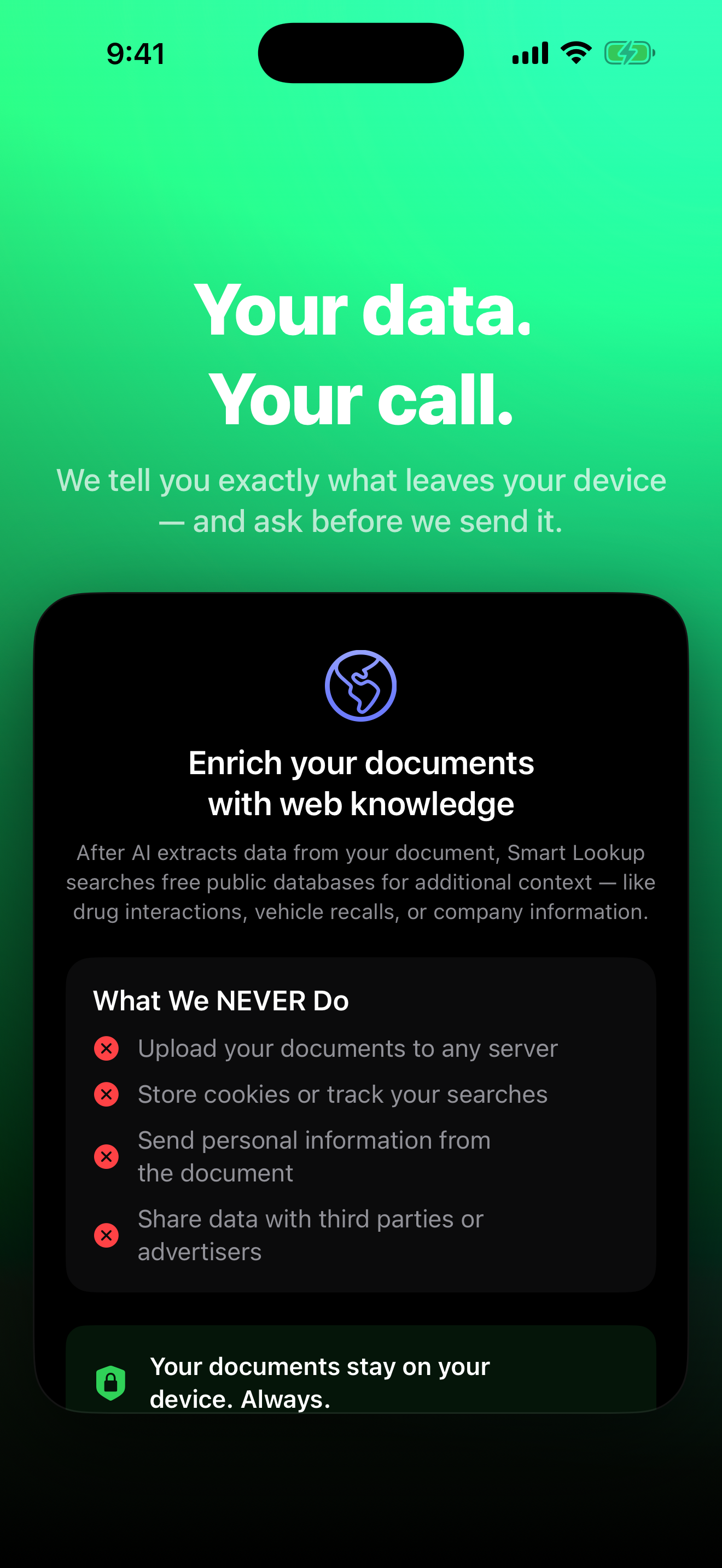 Smart Lookup privacy consent — explicit disclosure of exactly what leaves your device, with a 'What We NEVER Do' list
