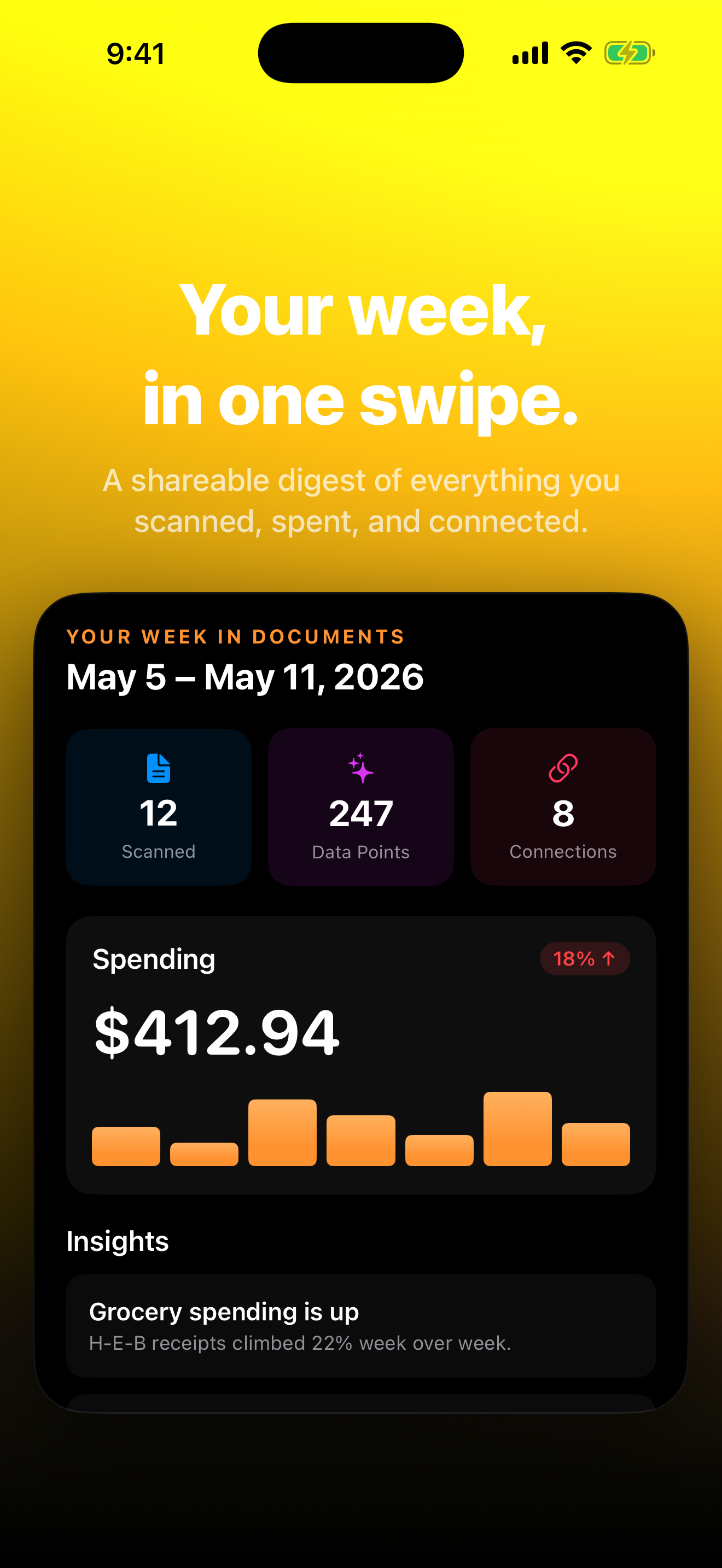 Weekly Digest — your scans, data points, spending, and insights wrapped in a shareable recap