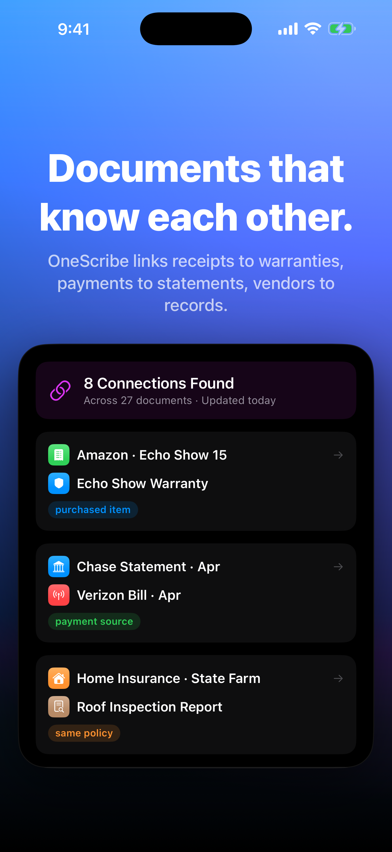 Document Connections — receipts linked to warranties, statements linked to bills, automatically