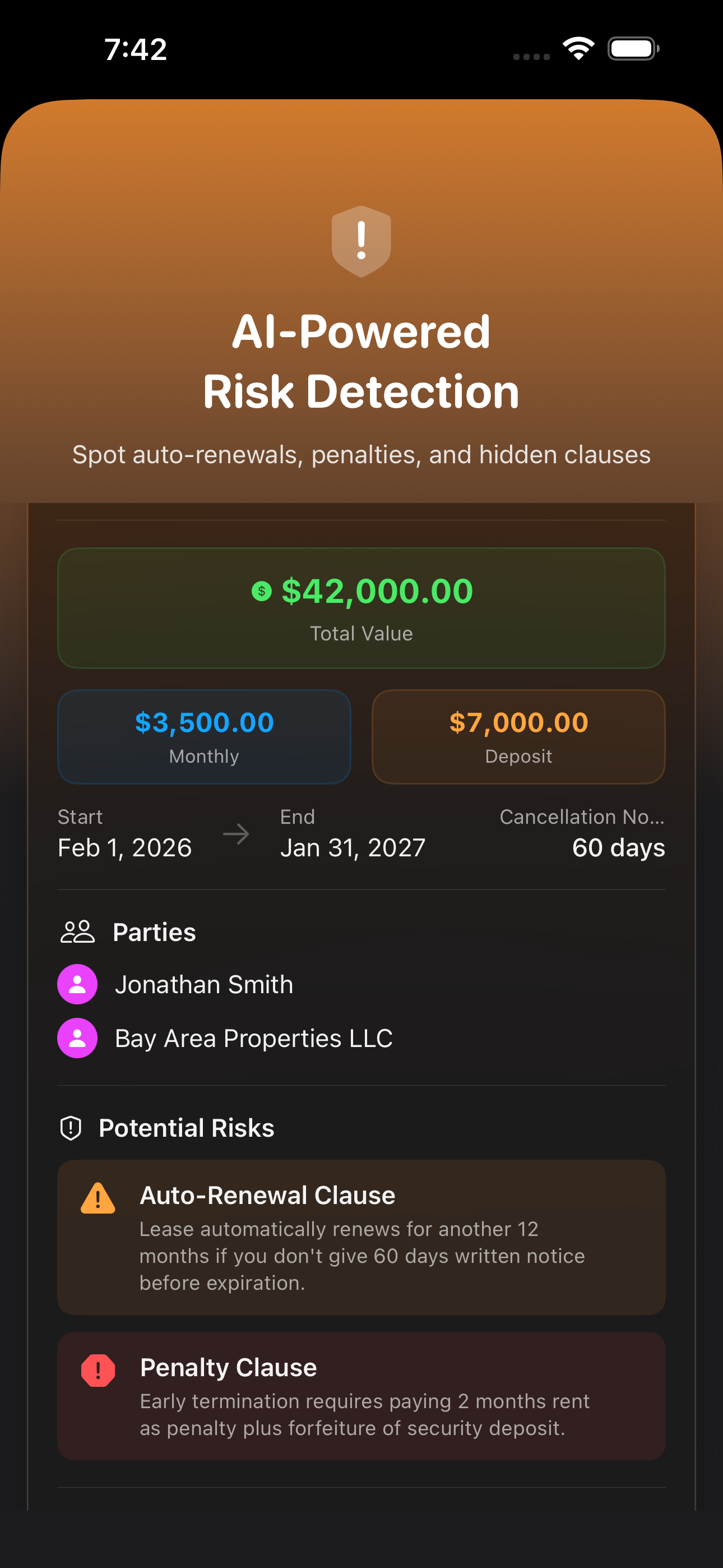 Contract Data Card — Lease agreement with AI-detected auto-renewal clauses and deadline alerts