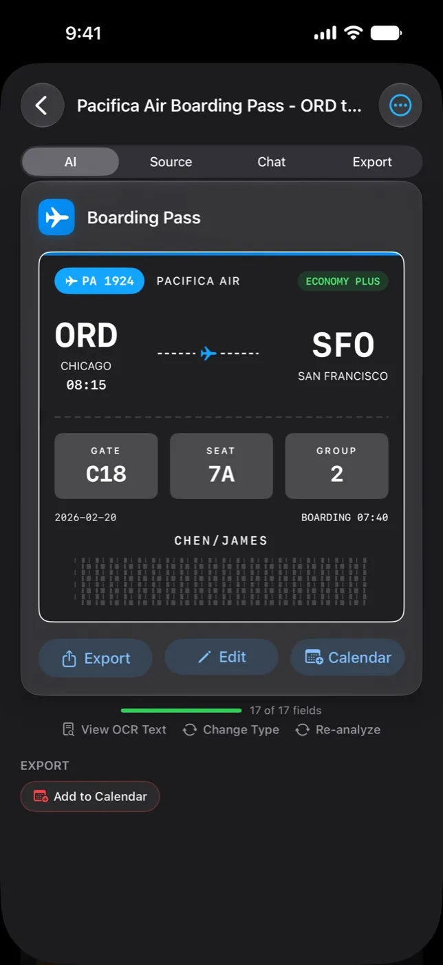 The same boarding pass as a Data Card in OneScribe: flight PA 1924, gate C18, seat 7A, boarding 07:40