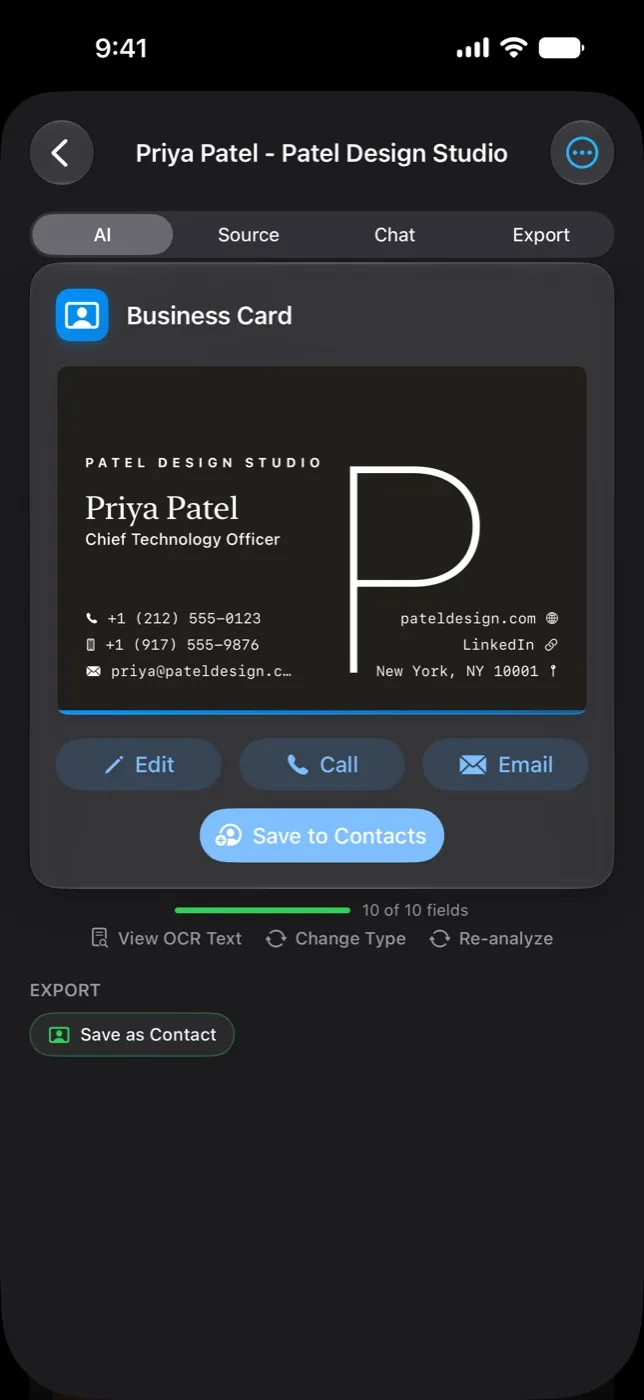 A business card Data Card in OneScribe