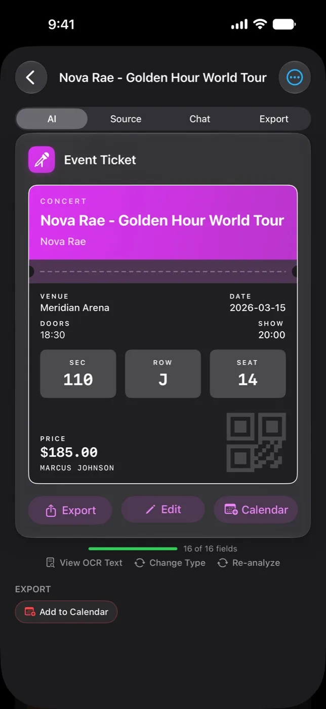 A event ticket Data Card in OneScribe