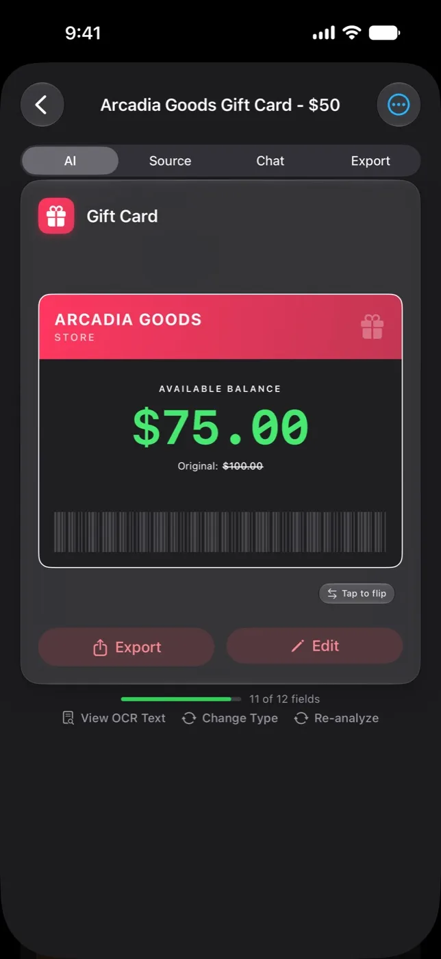 A gift card Data Card in OneScribe