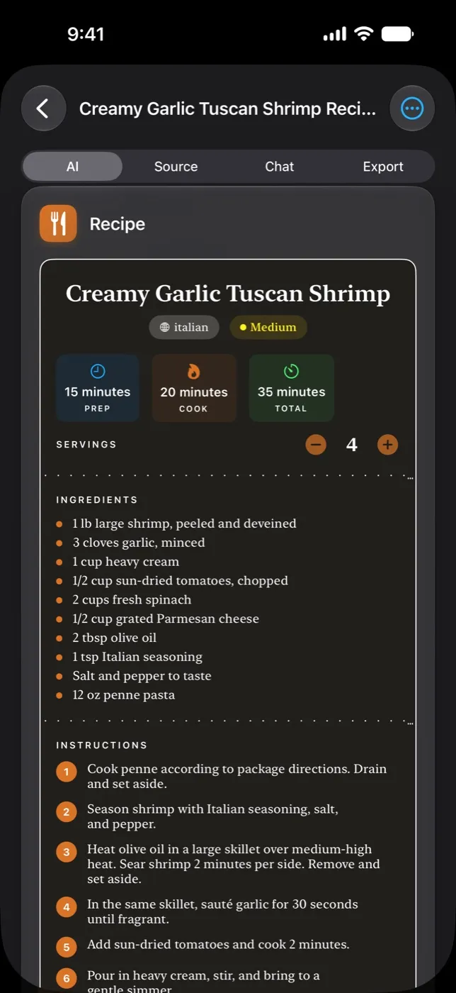 A recipe Data Card in OneScribe