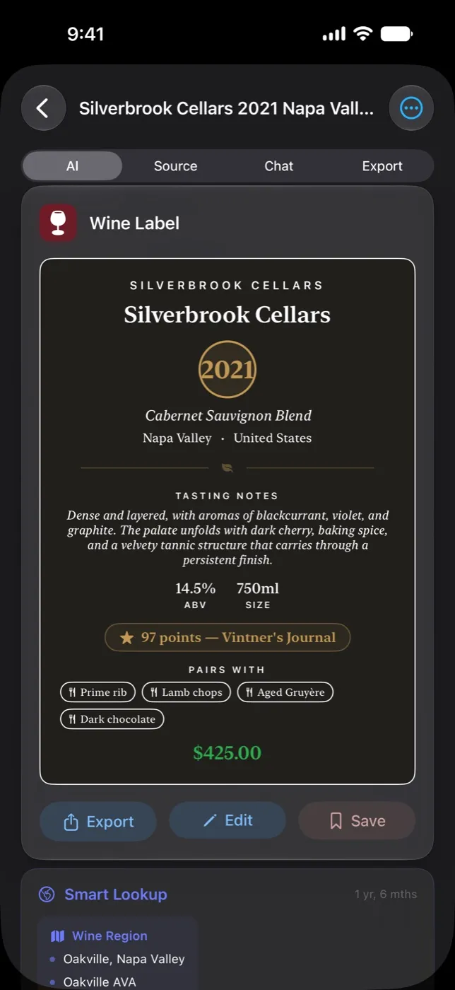 A wine label Data Card in OneScribe